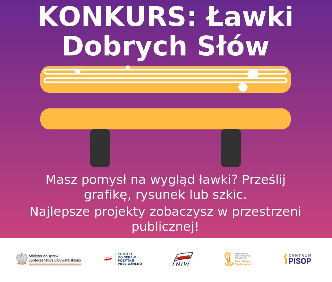 Plakat konkursu „Ławki Dobrych Słów” – ilustracja żółtej ławki na tle fioletowo-różowego gradientu, z tekstem zachęcającym mieszkańców do przesyłania projektów i rysunków ławek.