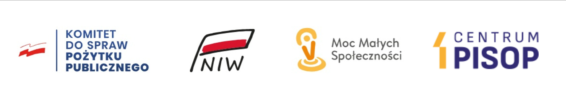 Cztery logotypy: Komitet do spraw Pożytku Publicznego, NIW, Moc Małych Społeczności i Centrum PISOP.