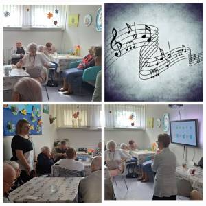 Seniorzy siedzą w sali podczas zajęć muzycznych, śpiewają i reagują na dźwięki, integracja i emocje w DDP w ramach projektu ŚWIT.