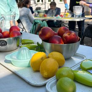 Na pierwszym planie stołu warsztatowego przygotowano świeże owoce: nektarynki w metalowych miskach oraz cytryny i limonki na tacach wraz z wyciskarką do cytrusów. Produkty pozyskane z Banku Żywności posłużą do zrobienia sałatki owocowej i aromatycznego kompotu podczas zajęć zero waste w Ogrodzie Społecznym. W tle widać uczestników i instruktorów pracujących przy kolejnych stanowiskach na świeżym powietrzu.