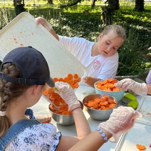 Dzieci w rękawiczkach ochronnych przesypują pokrojoną w grube plasterki marchewkę z dużej tacy do metalowych i plastikowych misek. Przygotowane warzywa posłużą do ugotowania zupy krem w ramach międzypokoleniowych warsztatów kulinarnych zero waste. Zajęcia odbywają się przy stole w słonecznym Ogrodzie Społecznym.