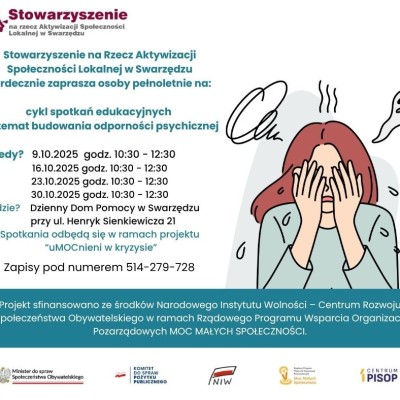 Plakat zaprasza pełnoletnie osoby na cykl spotkań o odporności psychicznej — terminy i adres w Swarzędzu.